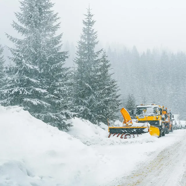 Snøfreser brøyter vei i tett snøvær omgitt av snødekte grantrær og fjellskog.